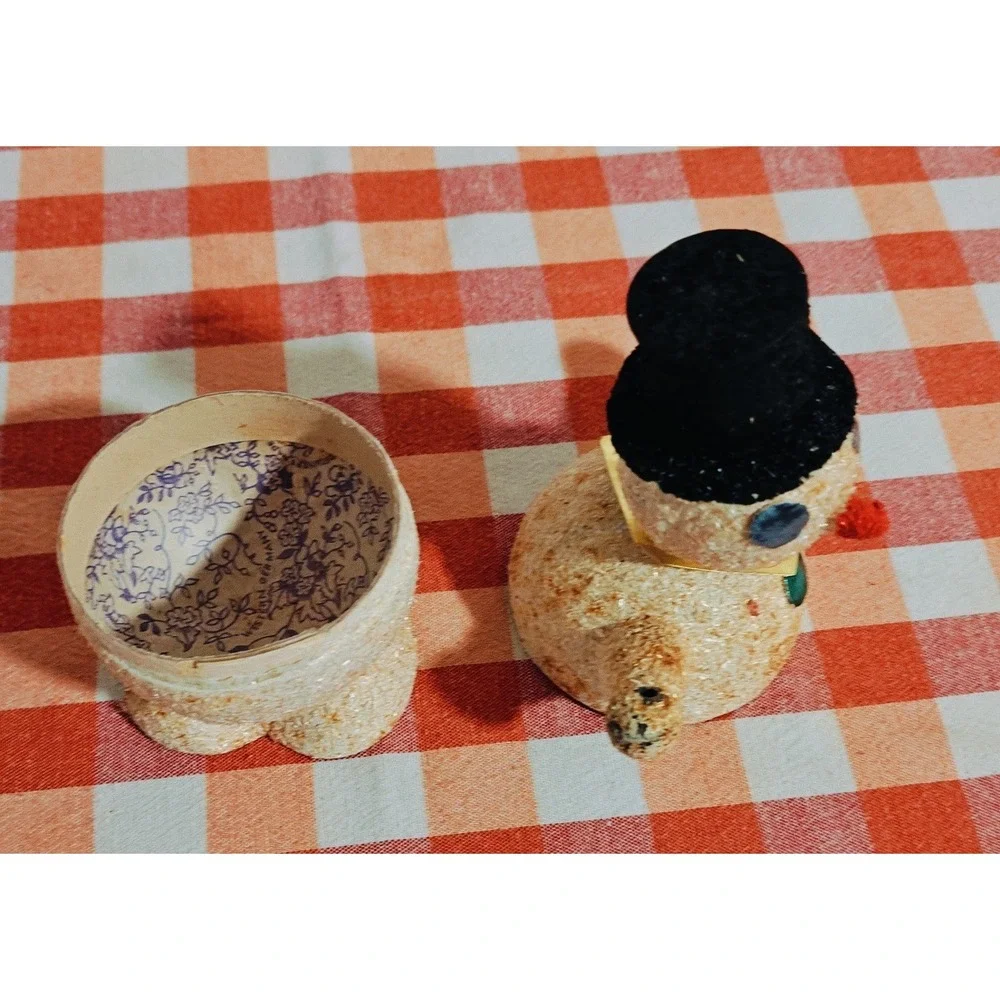 VINTAGE Paper Mache‎ Snowman West GERMANY Candy Holder cardboard mica 1930s